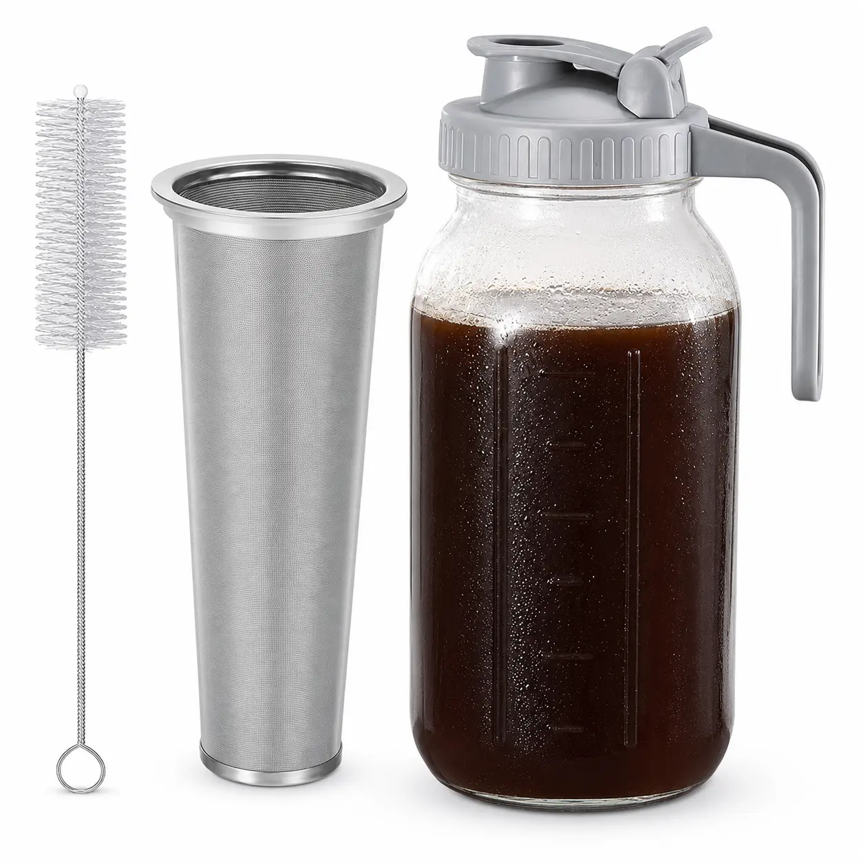 Iced Coffee at Home! 32-ounce Mason jar cold brew coffee, with a cap featuring a spout handle and a stainless steel filter, suitable for making iced tea and lemonade