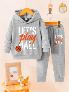 Boys' Fleece Lined Hoodie & Sweatpants Set, Basketball Print, Casual Fall Winter, Warm Comfortable 2 Piece Set for Kids Clothes Kids