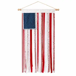 Lighted rustic American rag flag banner with LED fairy lights and tassels, stylish Americana wall hanging. Nice patriotic decor for porches, yards, homes and shops, matching Independence Day parties and the 250th national celebration.