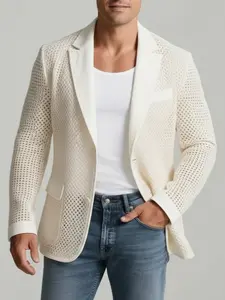 Savanna Fairy Men's Crochet Knit Blazer with Satin Lapel Pocket | Cream Casual Suit Jacket | Summer & Spring Lightweight Outerwear