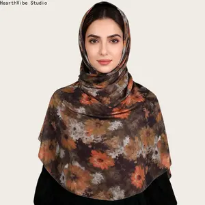 Vintage Floral Print Chiffon Hijab - Artistic Retro Flower Pattern Headscarf, Premium Soft Lightweight Muslim Shawl for Autumn, Travel & Daily Modest Look
