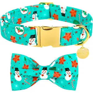 Dog Collar with Bow Tie, Christmas Comfortable Cotton Dog Bowtie Collar, Snowman Collar for Medium Girl Boy Dog, Durable Metal Buckle Green Dog Collar Bowtie, M, Neck 13.5-22In, Winter UP URARA PUP