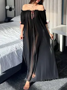 Glamine Sexy Women's Attractive Sheer Mesh Off-Shoulder Ruffle Hem Long Nightgown Pajama