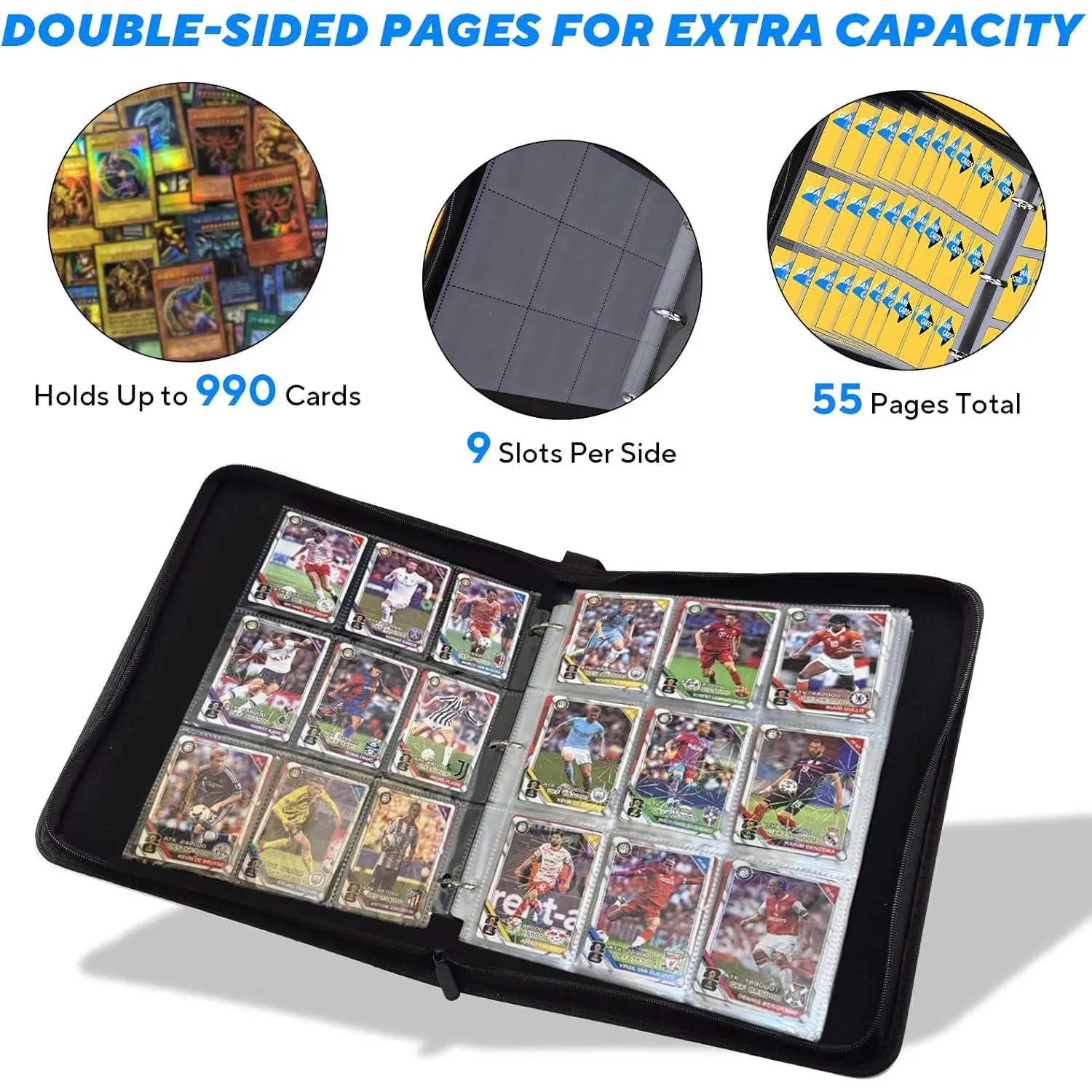 Portable 9-Pocket Trading Card Binder, Holds 990 Cards with 55 Removable Double-Sided Sleeves, Baseball Card Binder Card Storage Organizer Album for Boys, Girls, Sports & Game Cards - TikTok Shop Portable 9-Pocket Trading Card Binder, Holds 990 Cards with 55 Removable Double-Sided Sleeves, Baseball Card Binder Card Storage Organizer Album for Boys, Girls, Sports & Game Cards - TikTok Shop