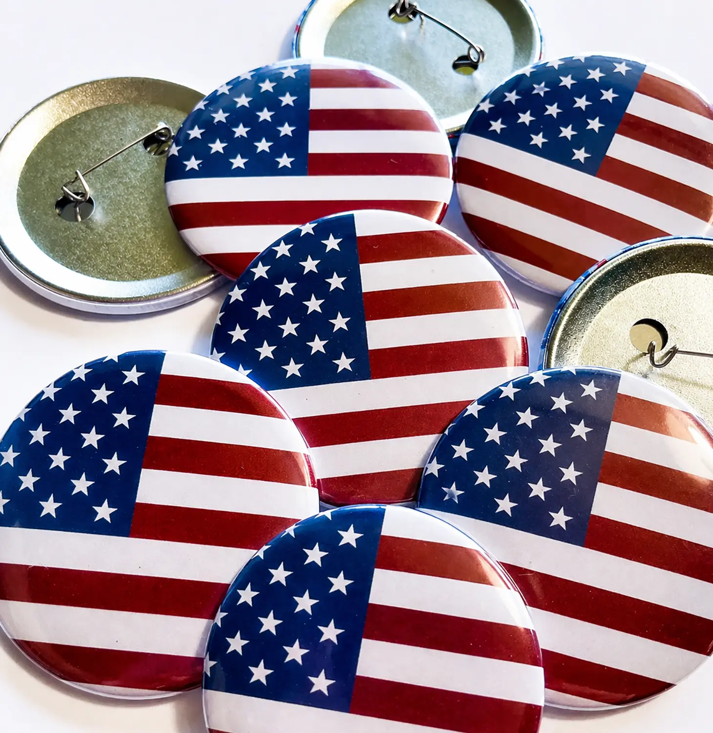 Set of 6 USA Flag Buttons, 2.25" Size American Flag Backpack Pins, Patriotic 4th of July Party Favors, Red White and Blue Badge Set