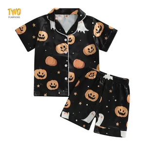 Kids Boys Halloween Pajamas Set Pumpkin Ghost Print Short Sleeve Shirts Tops Elastic Waist Shorts 2 Pieces Lounge Suit
