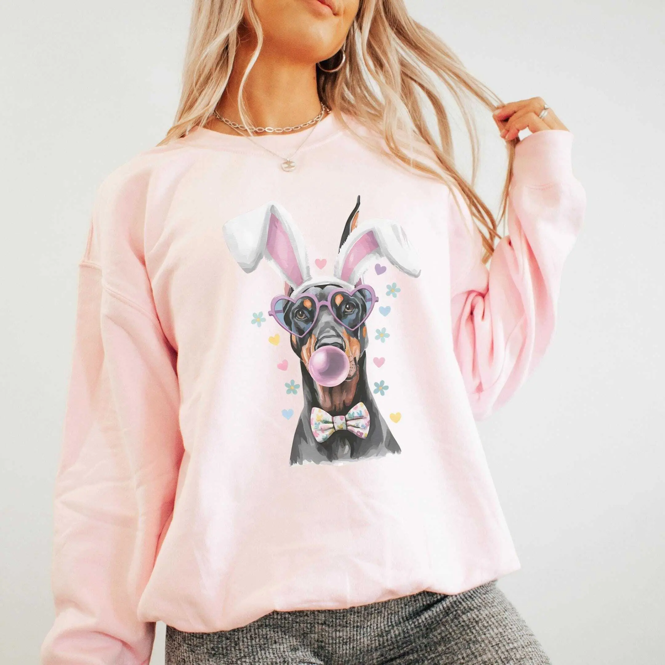 Funny Doberman Easter Bunny Short Sleeve T-Shirt / Sweatshirt / Hoodie , Spring Rabbit Dobie , Watercolor Doberman Lover Gift, Coquette Pastel Dobie Dog Crewneck Cotton Fabric