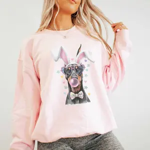 Funny Doberman Easter Bunny Short Sleeve T-Shirt / Sweatshirt / Hoodie , Spring Rabbit Dobie , Watercolor Doberman Lover Gift, Coquette Pastel Dobie Dog Crewneck Cotton Fabric