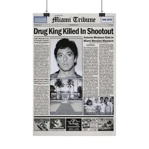 [No Frame] Pacino Tony Montana Newspaper Poster Print Scar Face Trendy Wall Art Canvas Collectible Gift for Movie Enthusiasts High-Quality Solid Wood Frame Waterproof Design