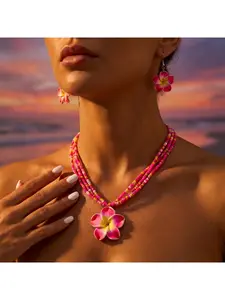 Boho Chic Vacation Necklace Set with Egg Flower Beaded Layered Chains and Statement Dangle Earrings for Women Summer Festival Outfit
