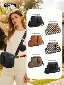 Lychee Texture Large Crossbody Bags for Women, PU Leather Bum Bag with Coin Purse, Stylish Checkered Sling Purse with Adjustable Strap, Lightweight Commuting Shoulder Bag Fanny Packs for Mother Travel Gifts Everyday Use