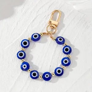 Vintage Ethnic Evil Eye Keychain Bag Pendant for Women, Punk Style Resin Blue Beads Circle with Alloy Clasp, Bag Charm & Car Key Ring Accessory Keychain for bags