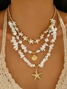 3pcs Bohemian Beach Vacation Style Trendy Dainty Layering Jewelry Random Imitation Stone CCB Bead Synthetic Turquoise Starfish Scallop Pendant Necklace Set Layered Necklaces