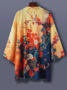 Japanese Style Floral Kimono Jacket, Vintage Cherry Blossom Print, Loose Fit Unisex Spring Summer Outerwear, Casual Streetwear Lady Womenswear