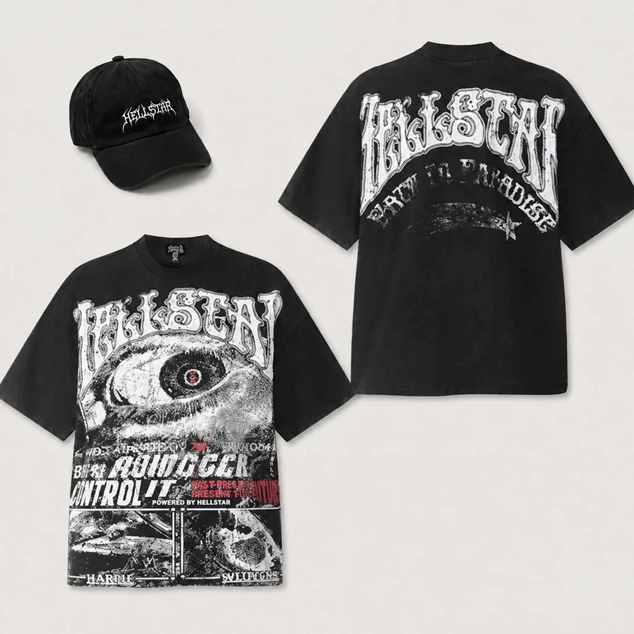 Hellstar Eye Graphic T Shirt Heavyweight Cotton Washed Black Oversized Crew Neck Short Sleeve Front Back Print Y2K Streetwear Casual Summer Party Festival Outfit Men Women Unisex Teens Adults