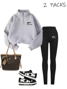 Women's 2026 Fashion European Style 2-Piece Set, the Star Print Hoodie & Elastic Yoga Pants, Comfortable Streetwear for Teens