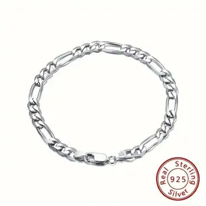 Women's Elegant 925 Sterling Silver Figaro Chain Bracelet, Polished Finish, 7.87 in Fashion Accessory Bracelets