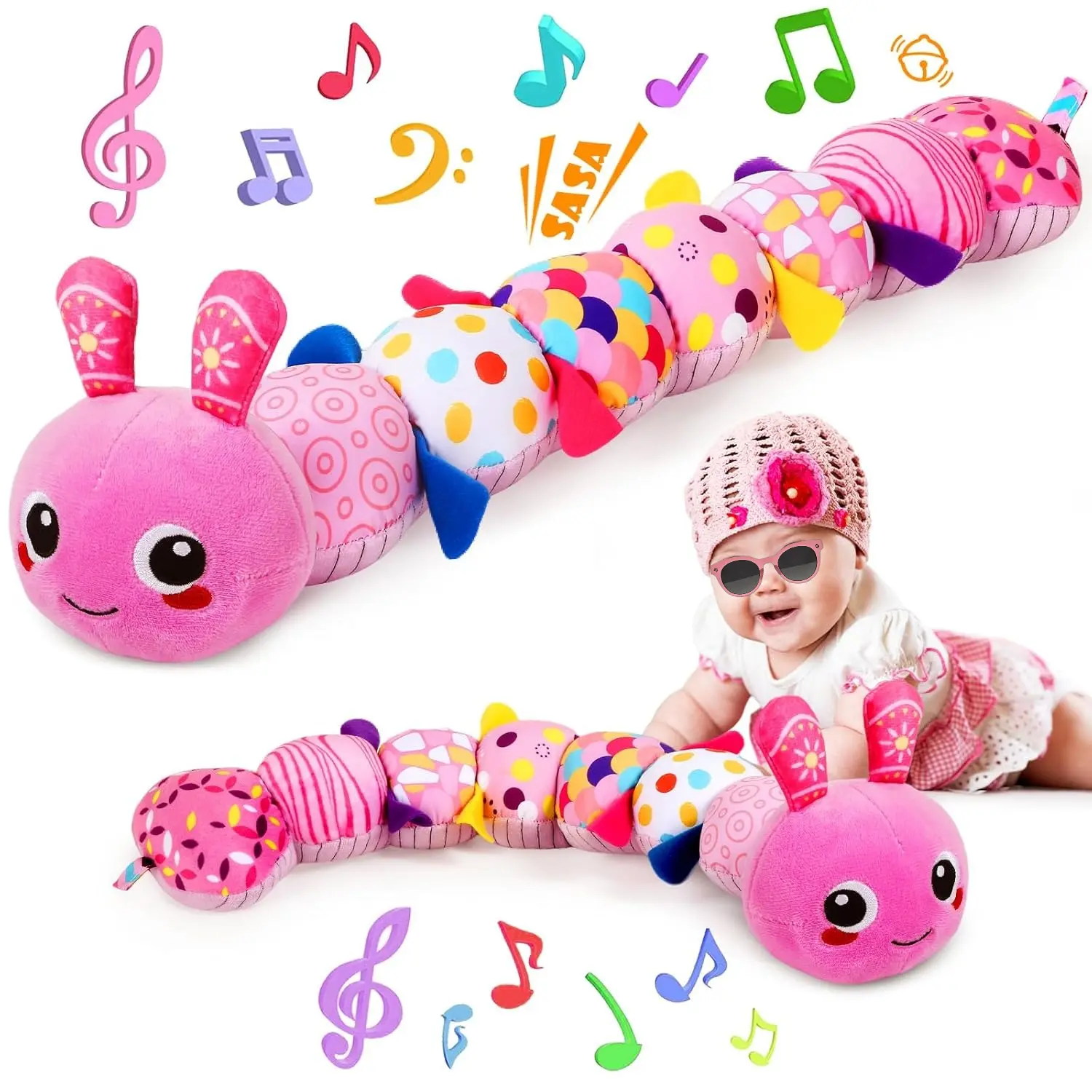 P-PLT026   Baby Toys 0-6 6-12 Months, Sensory Music Animal Stuffed Toy for 0 1 2 3 4 5 6+ Months, Plush Toy with Crinkle and Rattles for Infant Newborn, Tummy Time Toys Gifts for 0-3-6-12 Month