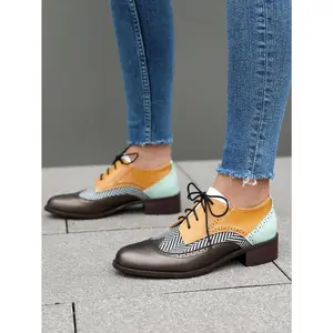 Women's Pointed Toe Lace-Up Brogue Pumps Fashion Mixed Colors Patchwork Block Chunky Heel British Style Flat Oxford Shoes Footwear Leather Girl Onyx