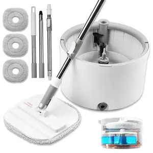 Spin Mop and Bucket Set with Separation Dirty and Clean Water System Self Wringing Square Mop and Bucket with 3 Washable Microfiber Pads 360 Rotating Clean Mop for Home Cleaning (Mop Set with 3 Pads)
