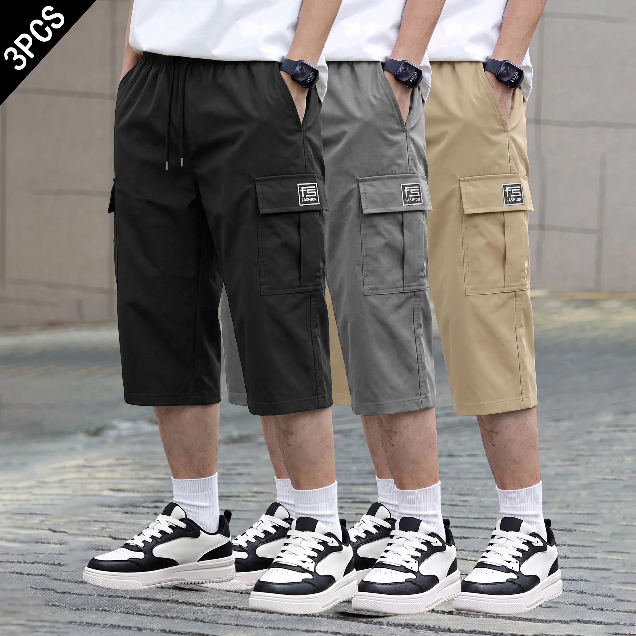 3-pack men’s summer casual cargo shorts, 7/8 length, elastic drawstring waistband, multiple pockets, letter patch decoration, suitable for everyday commuting and outdoor leisure activities