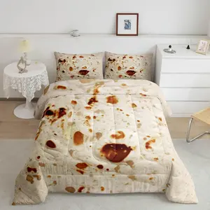 Giant Burrito Tortilla Flannel Bedding Set - Funny Novelty Quilted Comforter, Breathable Decorative Bedroom Bedding Set, Realistic Food Designer Luxury Textile Item, Decorative Bedding Set