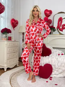 Two-piece Set Women's All Over Print Button Front Pocket Shirt & Elastic Waist Pants Satin Pyjama, Casual Comfy Long Sleeve Lapel Top & Trousers Pj Set, Ladies Sleepwear for Spring & Fall, Loungewear Pajamas Set
