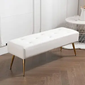 44" White PU Leather Ottoman Bench For Living Room Modern Button-Tufted Upholstered Bed Bench With Gold Legs Luxurious Vanity Bench For Makeup Room Bedroom Entryway Room Decor