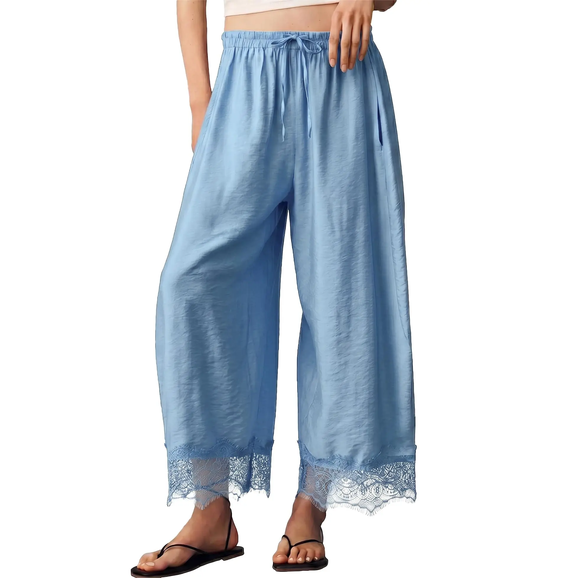 Talakeno Women's High-Waisted Wide-Leg 7/8-Length Pants - Bohemian Style Lace Hem, Drawstring, Pockets, Comfortable Loungewear, All Season Trousers, Beach Travel Pants, Bohemian Bottom, Casual Chic Trousers, Casual Lounge Pant