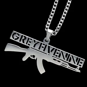 GREYFIVENINE AK-47 Necklace 1.5" Mirror Polished Stainless Steel G59 GREY59 Pendant Hypoallergenic Rust Resistant with Choice of Chain Suicideboys Free Gift Included