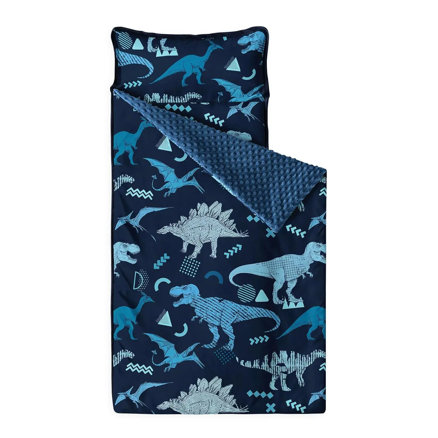 Standard Size Roll-Up Toddler Sleeping Bag with Pillow, Fleece Blanket and Name Card Slot, Jurassic Dinosaur Sketch Navy Blue Bedding for Daycare Preschool Kids Boys