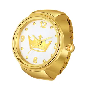 OIDEA Crown Dial Elastic Stretch Band Ring Watch Gold Tone Ladies Quartz Finger Watch 1ATM