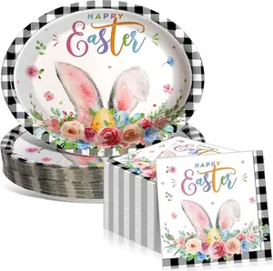 100 Pcs Happy Easter Oval Paper Plates and Napkins-serves 50, 11'' Large Disposable Bunny Platter Party Decorations Rabbit Flower Dinnerware Black Plaid Plates for Spring Easter Party Supplies