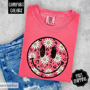 [ Sale Up To 65% ] Comfort Colors Daisy Floral Happy Face Shirt , Summer Floral Shirt, Oversized Women's shirt, Swimsuit Cover