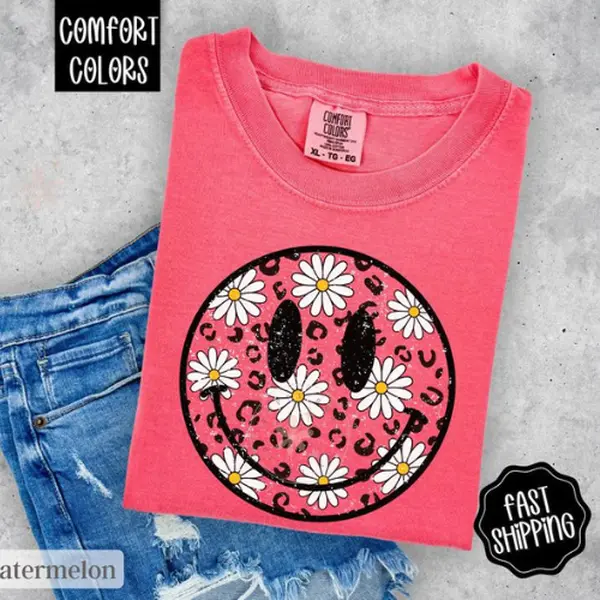 [ Sale Up To 65% ] Comfort Colors Daisy Floral Happy Face Shirt , Summer Floral Shirt, Oversized Women's shirt, Swimsuit Cover