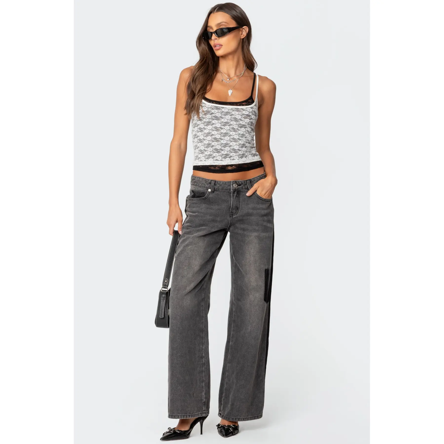 Contrast Pocket Washed Low Rise Baggy Jeans