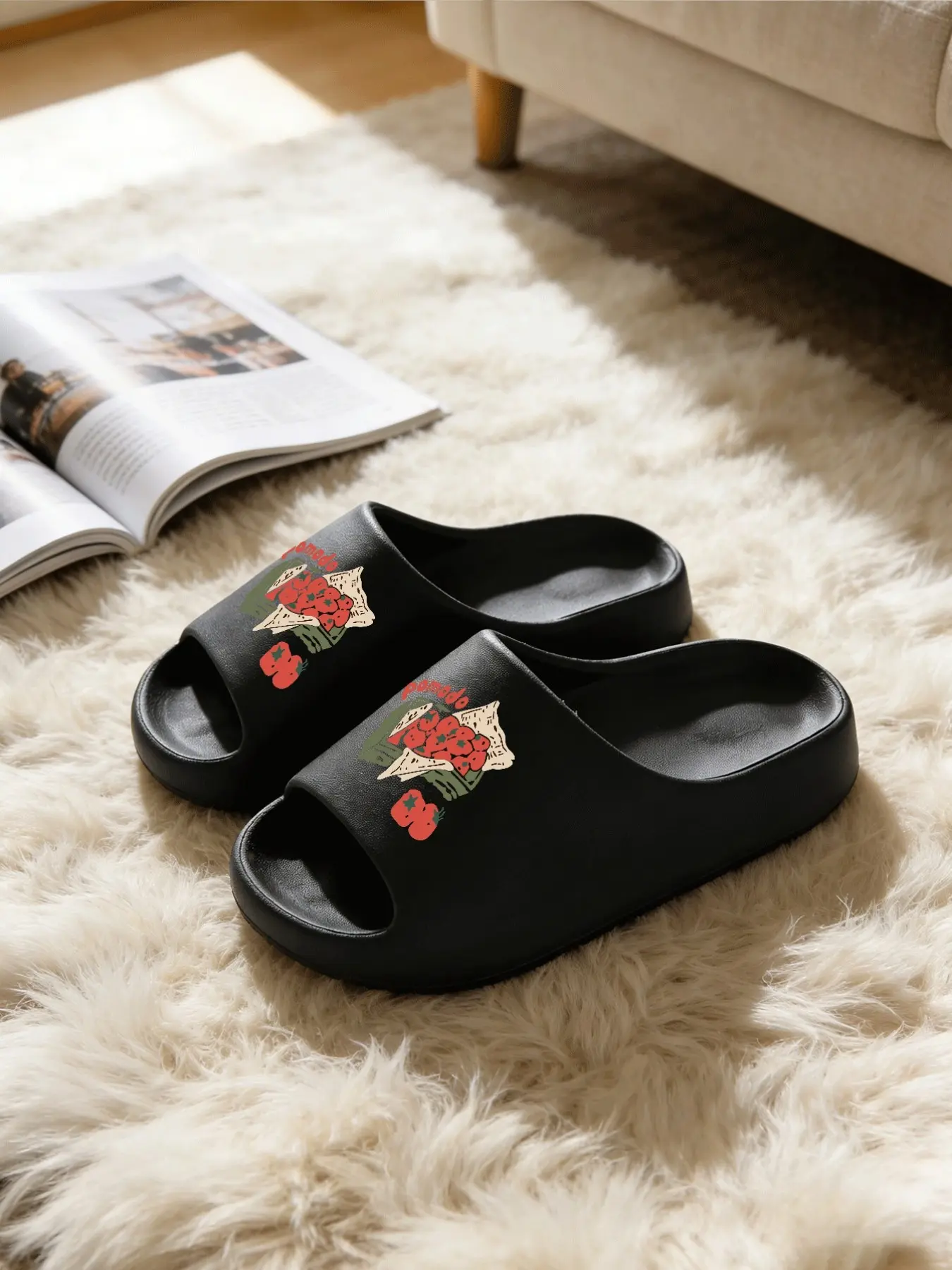 1 Pair Black EVA Aesthetic Slides, Playful Tomato & Text Print Style, Non-slip Thickened Sole & Easy-to-clean Surface, Women's Instagram-ready Daily Slippers