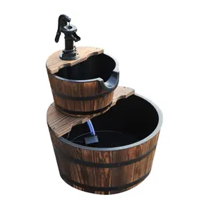 Carbonized solid fir wood outdoor water fountain with adjustable water flow creates gentle running water sound to bring peaceful relaxing mood for daily leisure time