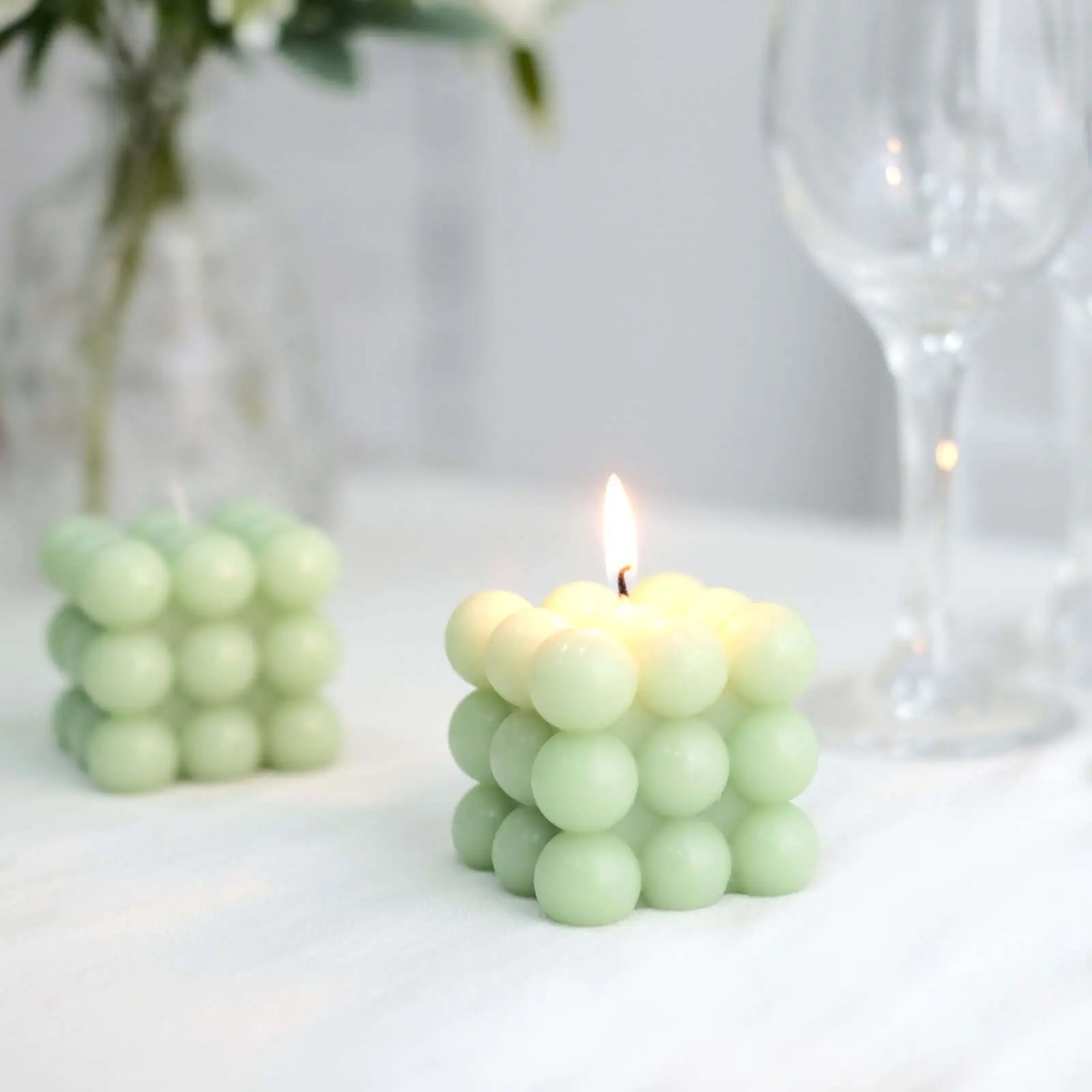 Unscented Neutral Sage Green 2-Pack Decorative Paraffin Wax Candles - 2" Bubble Cube Design, Long Burning Pillar Candle Set