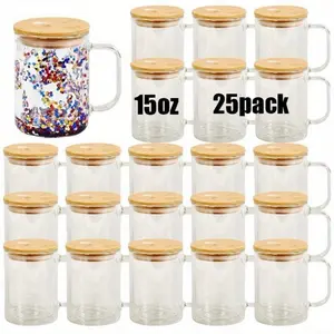 25pcs 15oz Sublimation Snow Globe Cups Double Wall Glass Mugs with Pre-drilled Hole Bamboo Lid & Straw US Warehouse Drinkware Tumblers