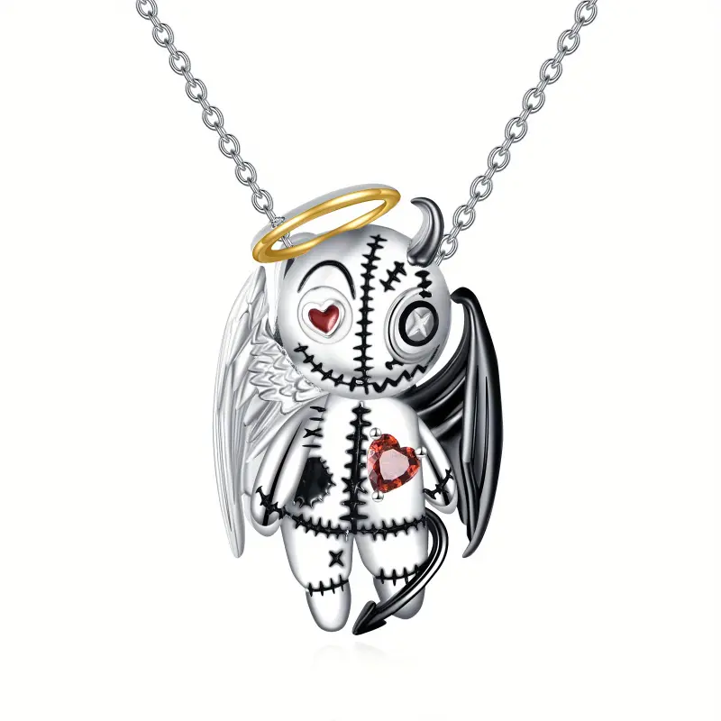 925 Sterling Silver Pendant Necklace, Platinum Plated Gothic Angels and Demons Voodoo Doll with Cubic Zirconia, Cute Halloween Jewelry for Women, Zircon Stones, Cute Gothic Accessories