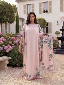 Elegant Floral Print Robe Set, Long Dress Scarf Headband, Beach Sun Protection Satin Silk Shawl, Women's Fashion All Seasons Fitted Outfit Plant Elegance
