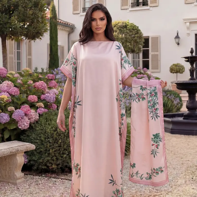 Elegant Floral Print Robe Set, Long Dress Scarf Headband, Boho Floral Printed Beach Sun Protection Satin Silk Shawl, Women's Fashion All Seasons Fitted Outfit Plant Elegance, Casual Beach Style Boho Summer Holiday, Boho Casual Comfy