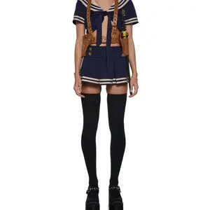 Sucker Punch BabyDoll Costume - Navy Blue Sailor Outfit with Brown Harness and Thigh-High Stockings