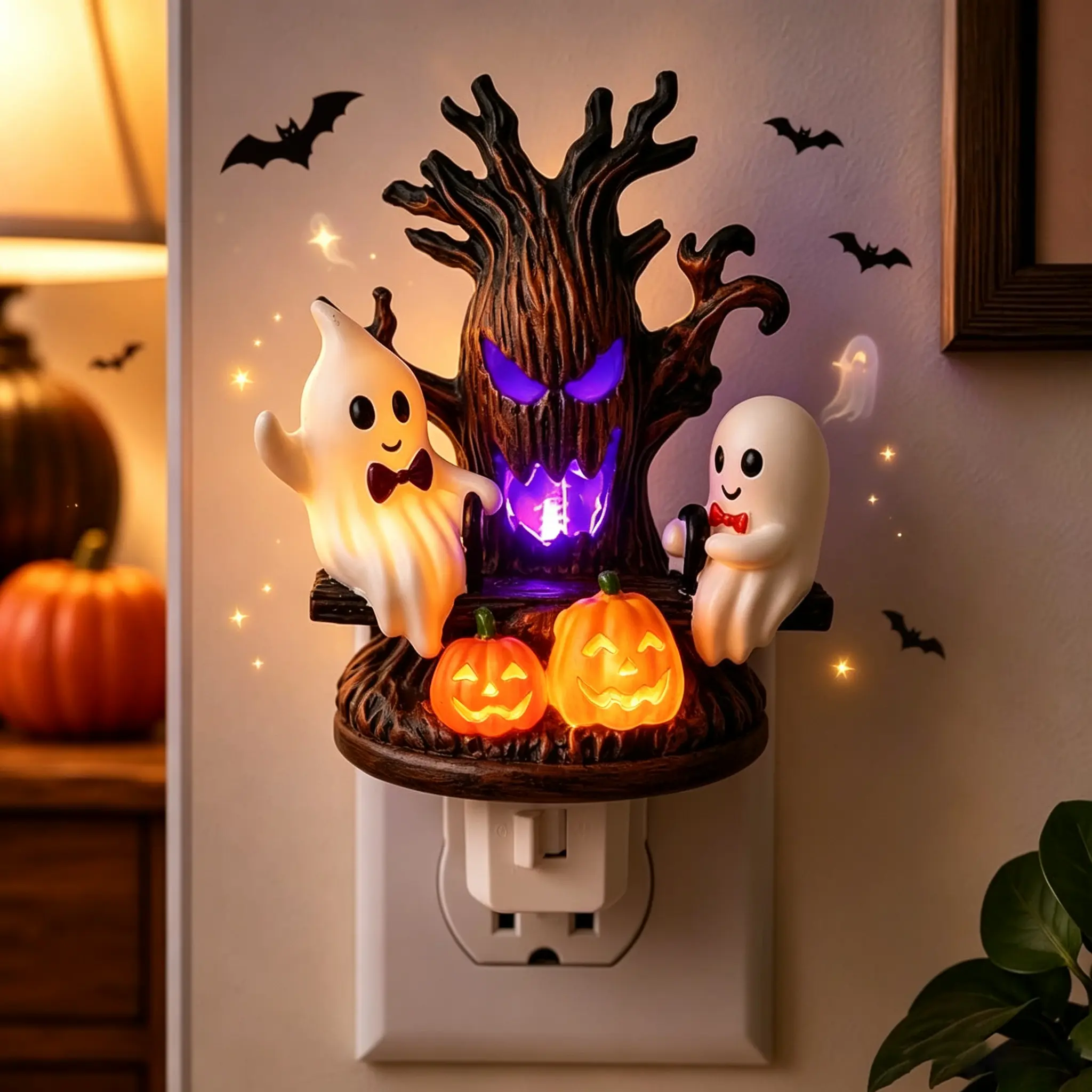 Animated Seesaw Ghost Plug‑in LED Night Light, 3D Dynamic Halloween Lamp with Spooky Tree & Glowing Pumpkin, Cute Spooky Halloween Decor for Bedroom Hallway Party Haunted House