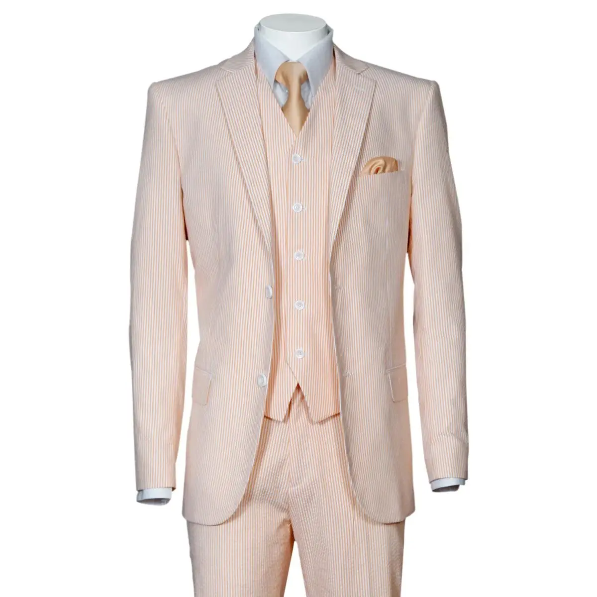 Mens 2 Button Vested Summer Seersucker Suit in Peach