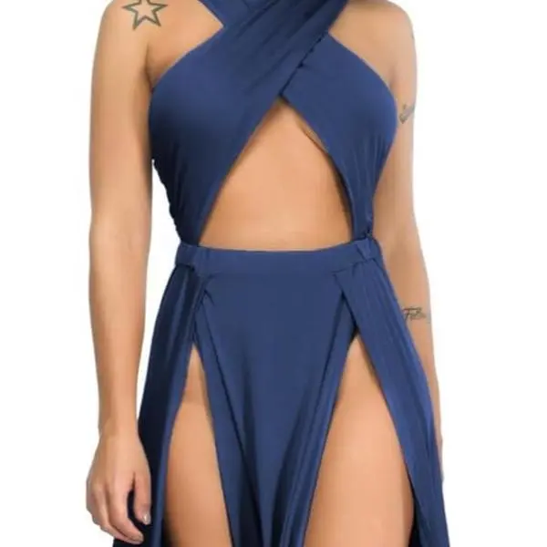 Velius Women Sexy Hollow Out Halter Wrap Sleeveless Plain Pleated Slit Casual Long Maxi Dress