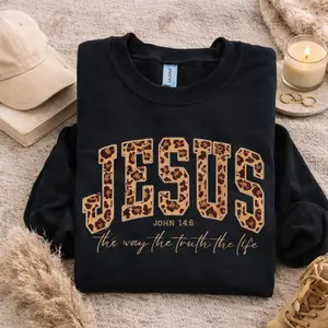 Jesus Loves Christian Graphic Crewneck shirt, Cheetah Print Bible Verse Faith Design, Trendy Aesthetic Style, Oversized Cozy Casual Wear, Meaningful Gift
