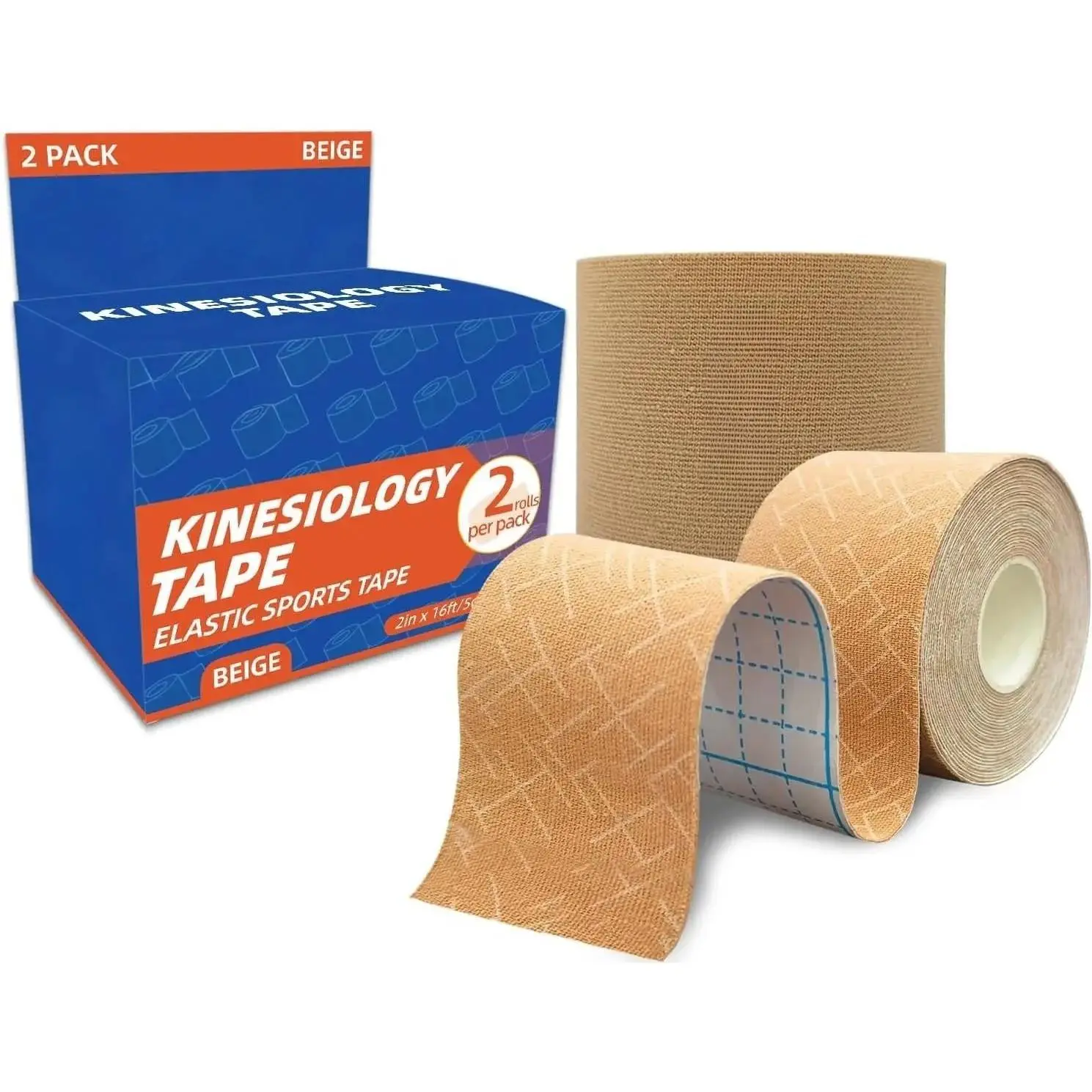 Kinesiology Tape Rolls – 2-Inch x 16 ft Waterproof and Hypoallergenic Athletic Tape for Muscle Support, Knee, Shoulder, and Ankle, 2 Rolls (Beige)