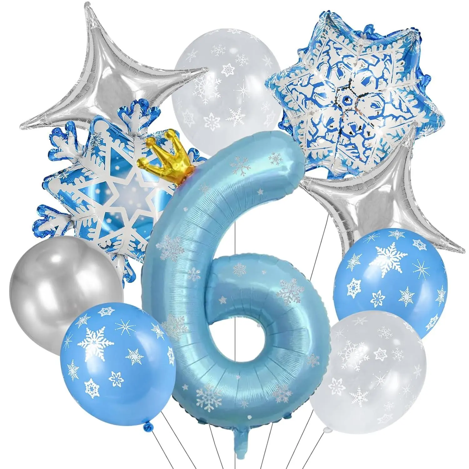 Winter Wonderland Birthday Decorations – 10Pc 40" Blue Number Balloon With Crown, Snowflake Balloon Set For 6St Birthday Party, Winter Theme Celebration Supplies